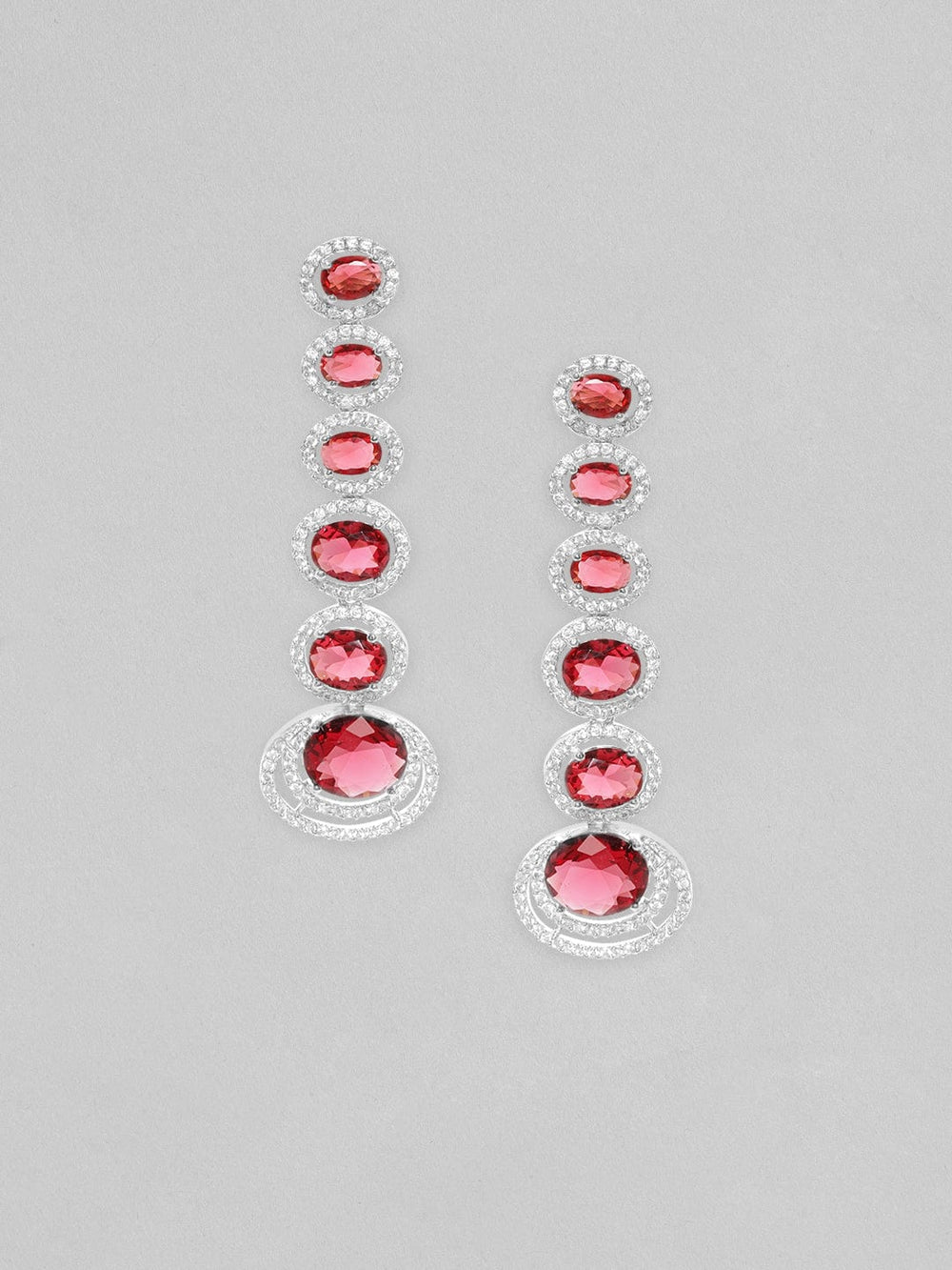 Rubans Rhodium Plated Ruby Red Oval Cut Zirconia Long Dangle Earrings Earrings