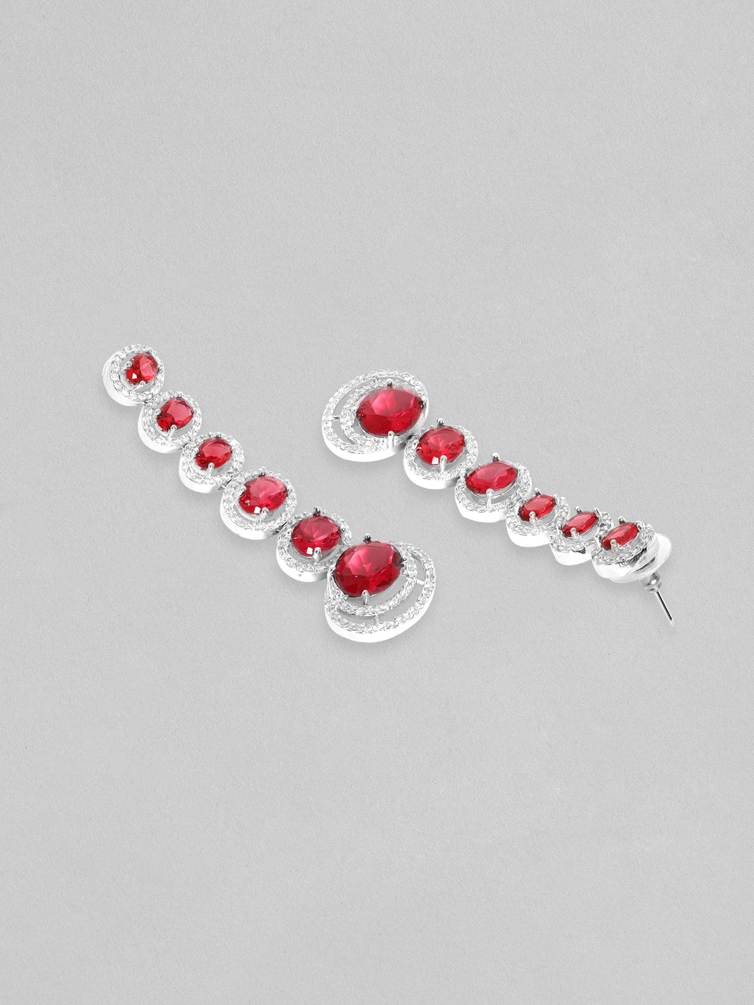 Rubans Rhodium Plated Ruby Red Oval Cut Zirconia Long Dangle Earrings Earrings