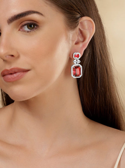 Rubans Rhodium Plated Ruby Red Zirconia Dangle Earrings Earrings