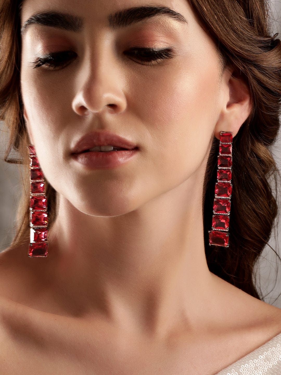 Rubans Rhodium Plated Ruby Red Zirconia studded statement Dangle Earrings Earrings