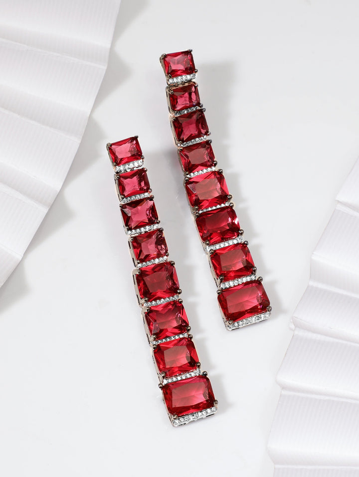 Rubans Rhodium Plated Ruby Red Zirconia studded statement Dangle Earrings Earrings