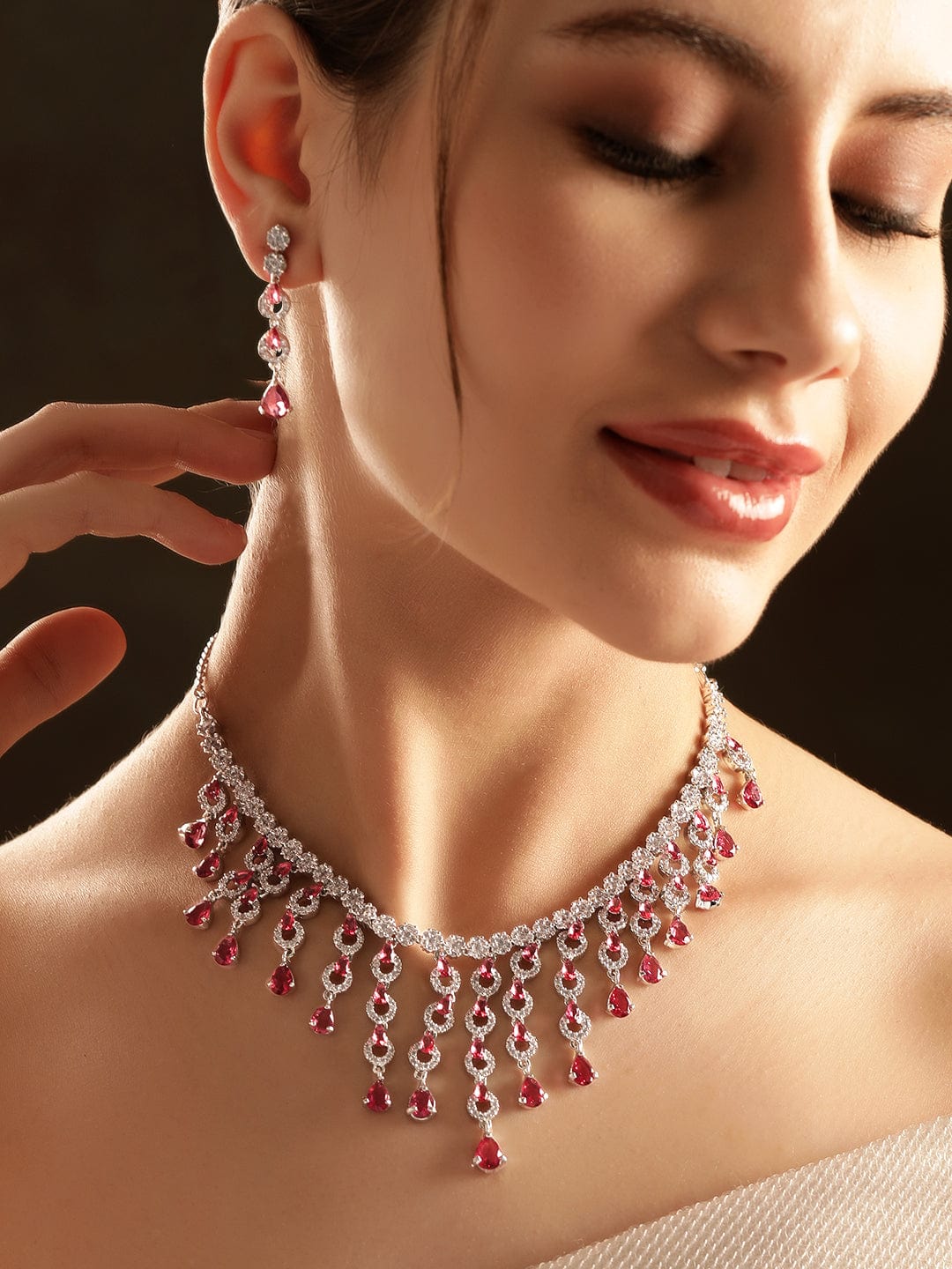 Rubans Rhodium-plated Ruby red Zirconia studded Tassel mystic Statement Necklace Set Jewellery Sets