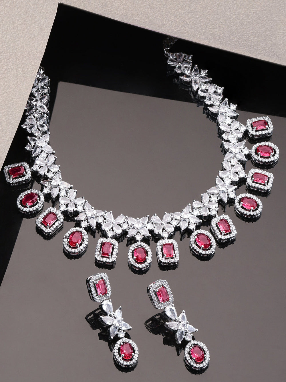 Rubans Rhodium plated Ruby Red Zirconia Studed Statement Necklace Set Jewellery Sets