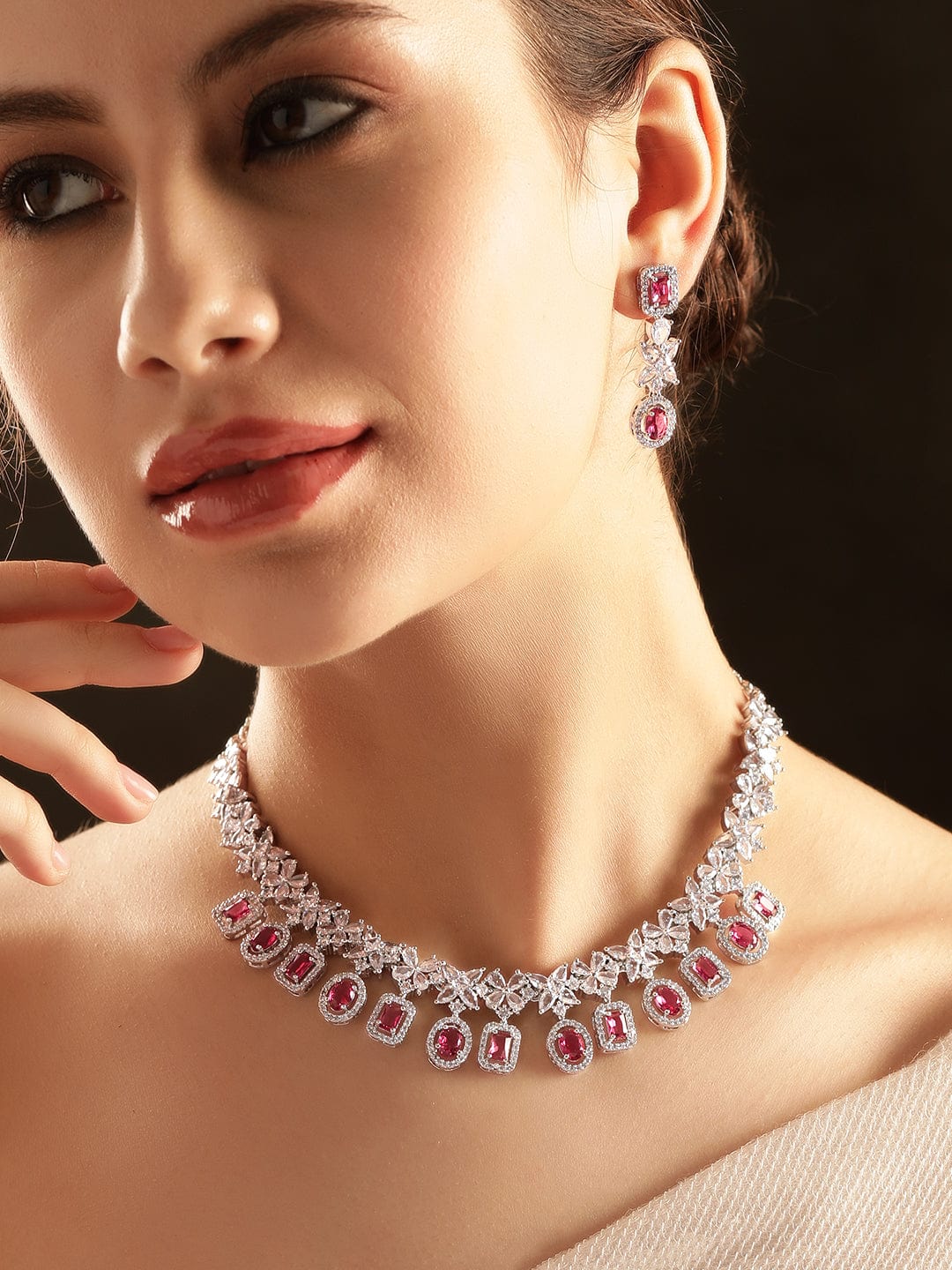 Rubans Rhodium plated Ruby Red Zirconia Studed Statement Necklace Set Jewellery Sets