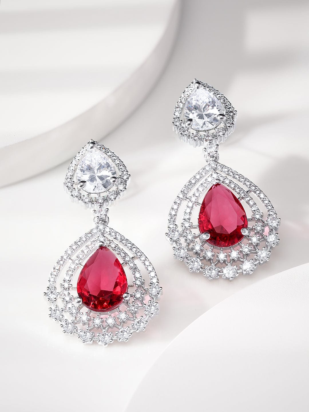 Rubans Rhodium Plated Ruby Red Zirconia Tear drop Chic Earring Earrings