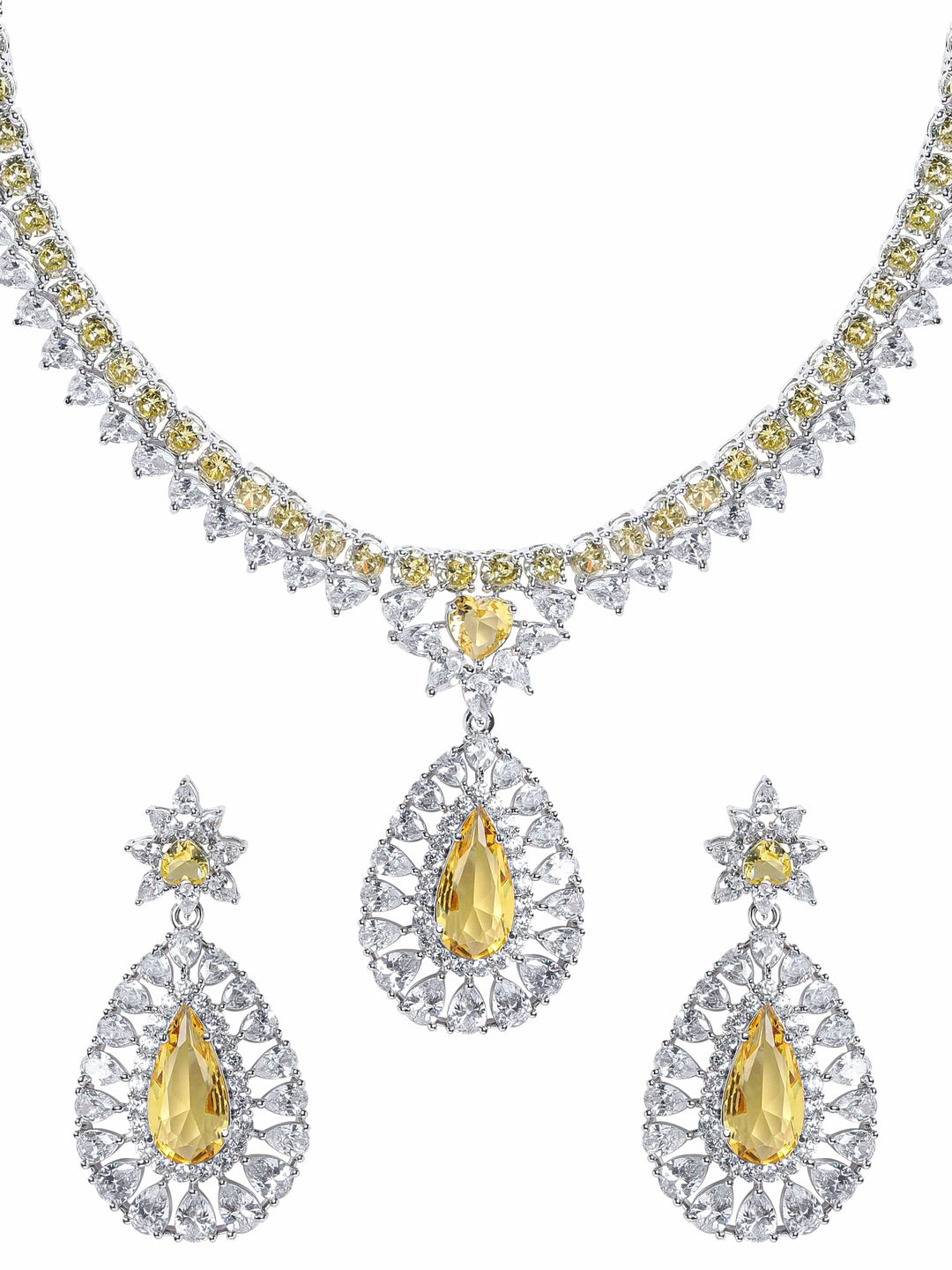 Rubans Rhodium plated Yellow sapphire Drop Pendant Statement Luxury Necklace Set Jewellery Sets