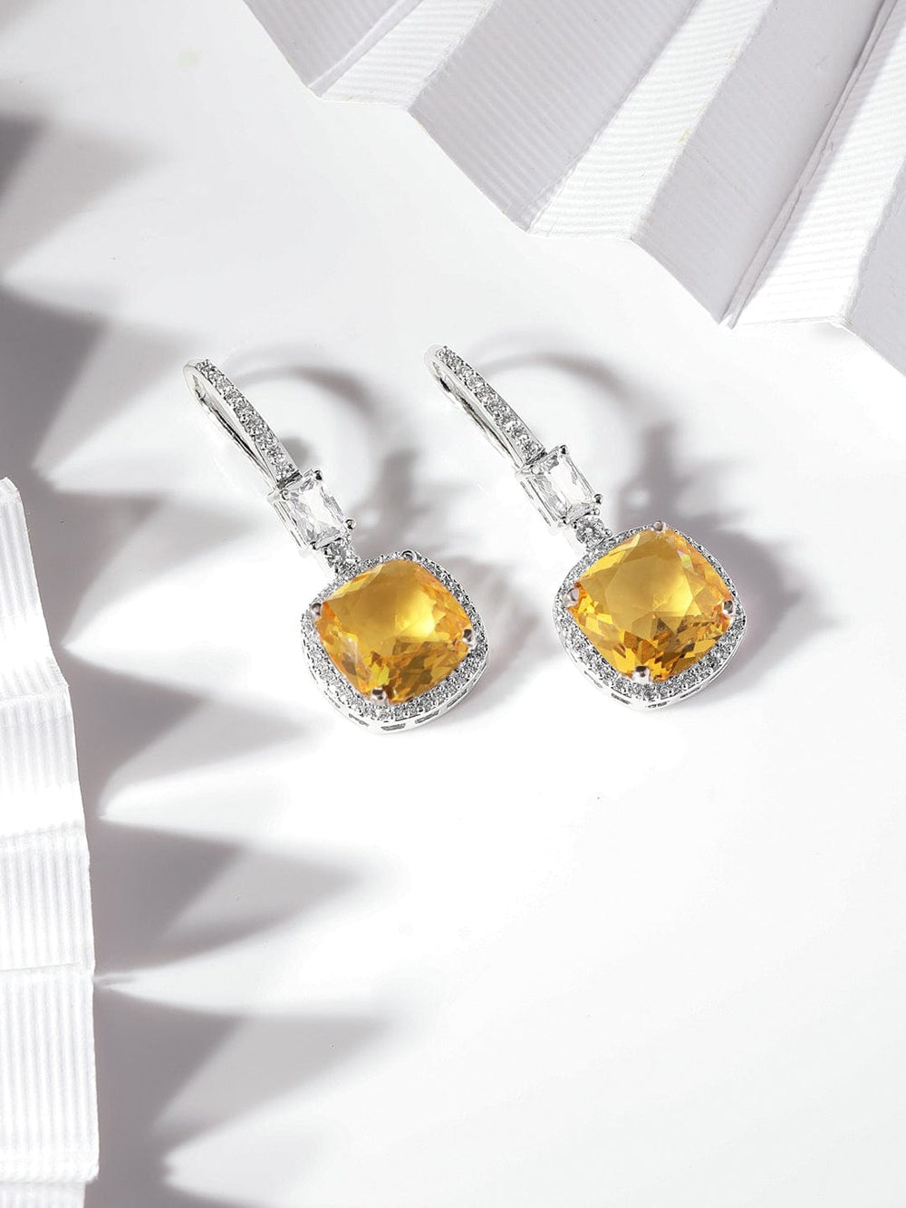 Rubans Rhodium Plated Yellow Sapphire  Zirconia Cushion Cut Classy Drop Earring Earrings