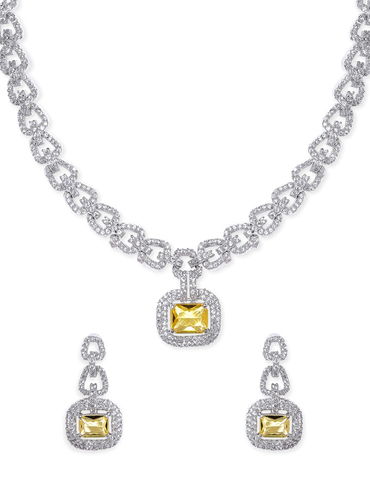 Rubans Rhodium Plated Yellow Sapphire Zirconia Sleek Necklace Set Jewellery Sets