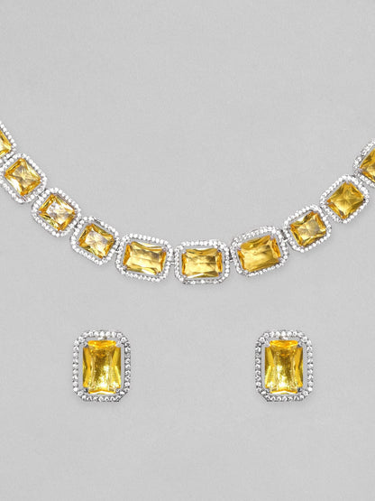 Rubans Rhodium Plated Yellow Sapphire Zircons Studded Necklace Set. Necklace Set