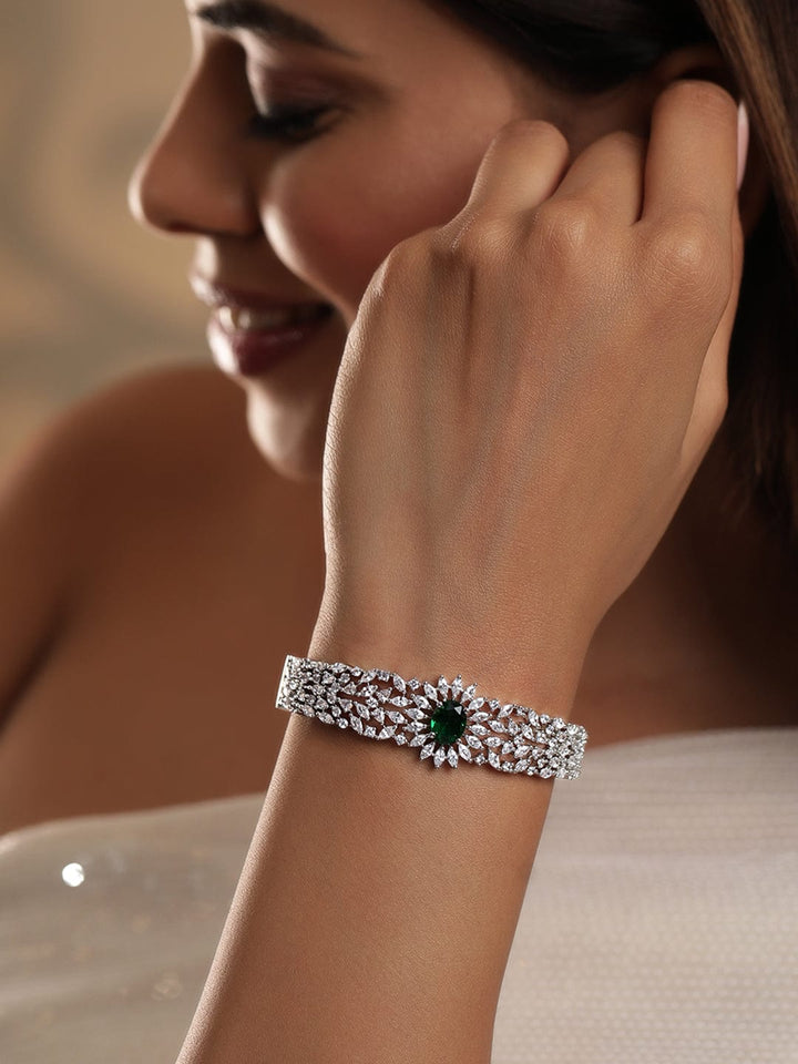 Rubans Rhodium Plated Zirconia and Emerald Studded Bracelet Bangles & Bracelets
