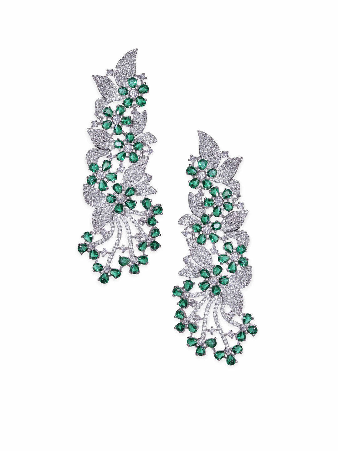 Rubans Rhodium Plated Zirconia and Emerald Studded Chandelier Earrings Earrings