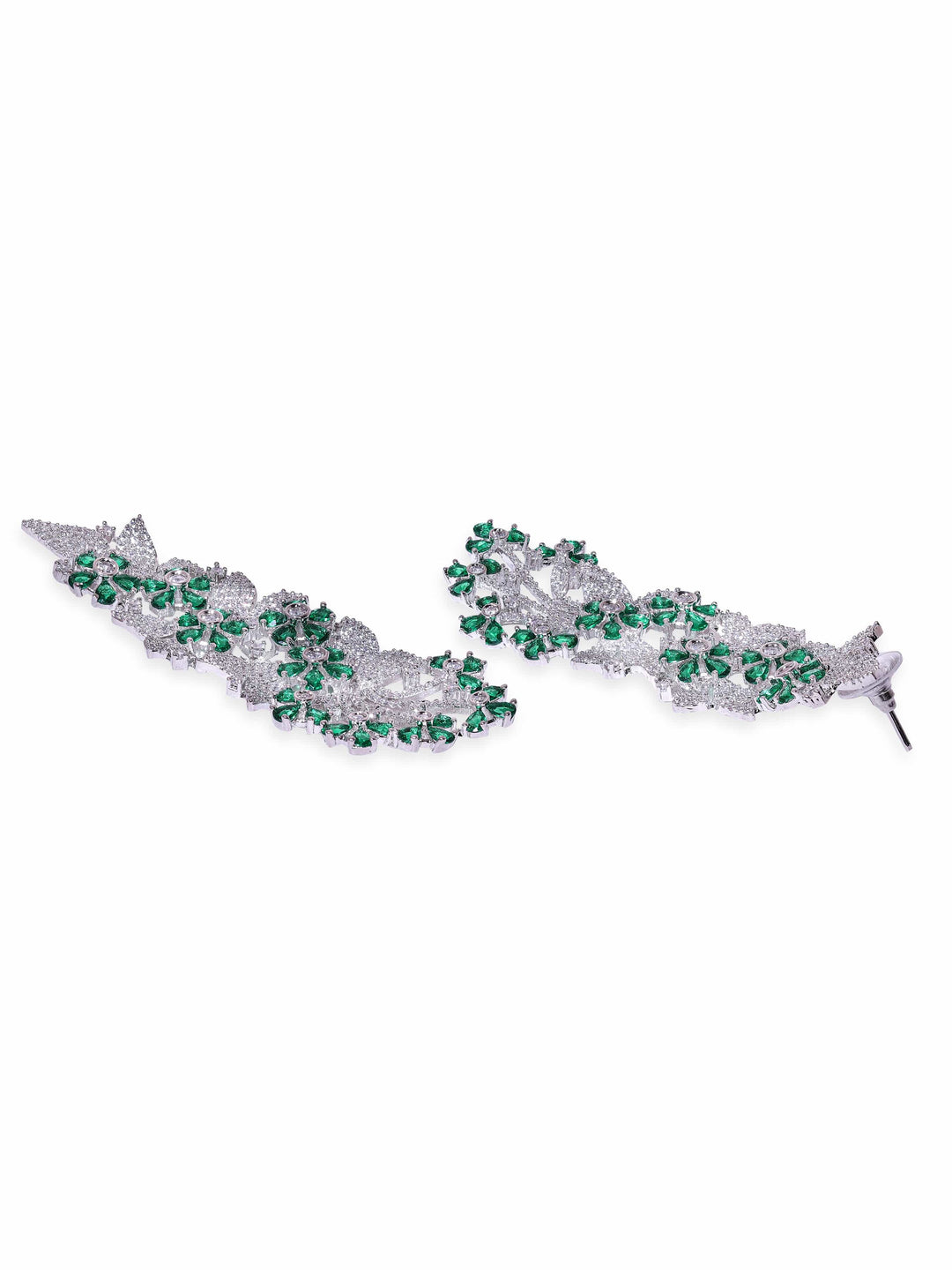 Rubans Rhodium Plated Zirconia and Emerald Studded Chandelier Earrings Earrings