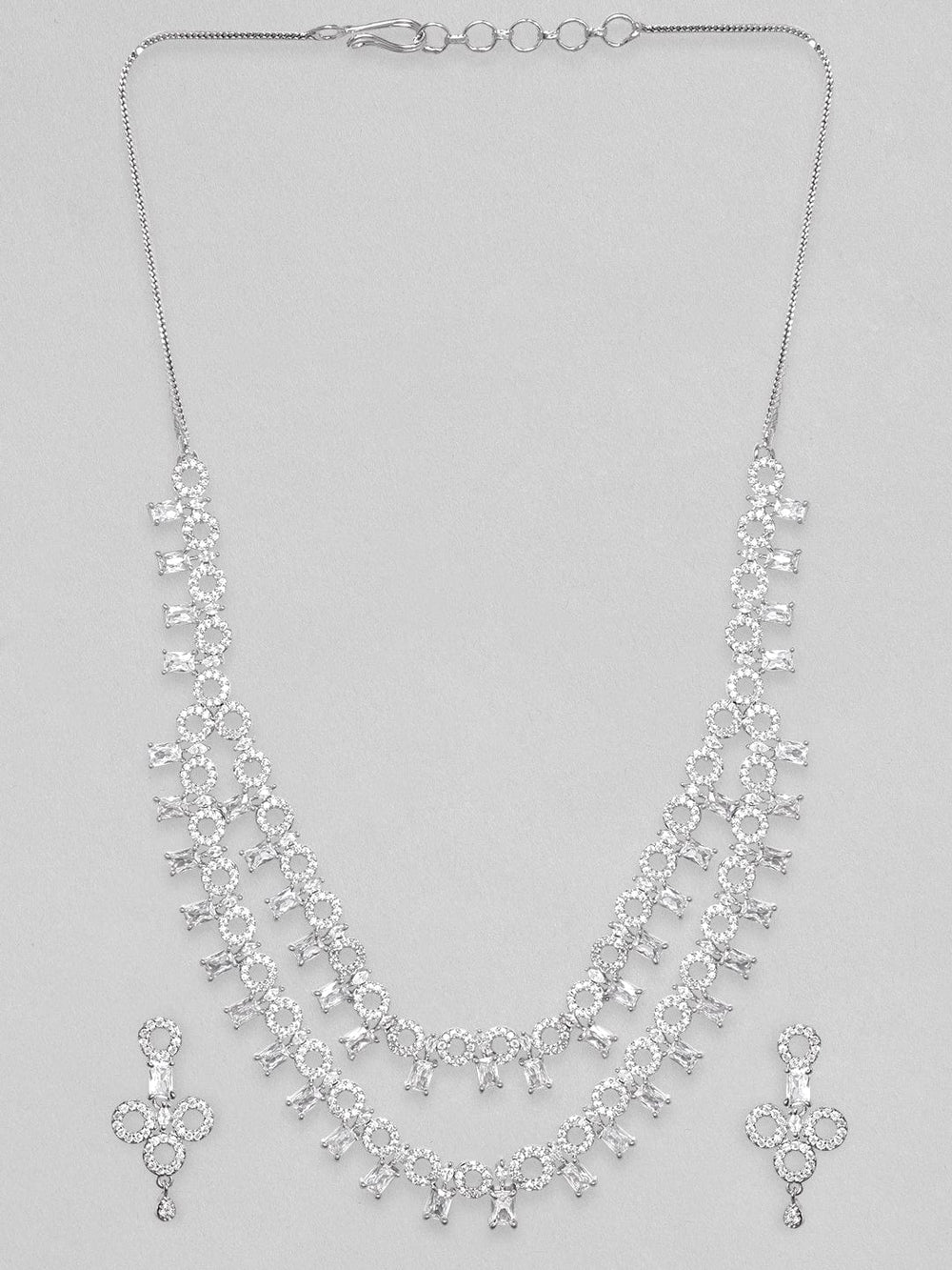Rubans Rhodium Plated Zirconia Studded Double Layer Party Wear Necklace Set Necklace Set