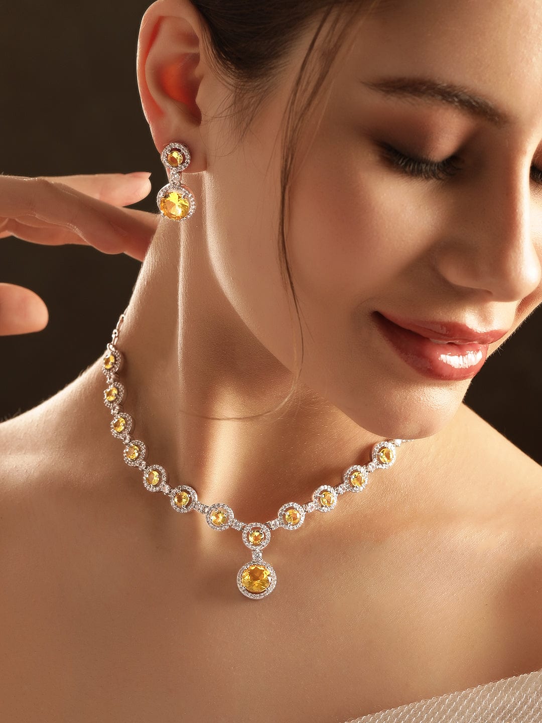 Rubans Rhodium Plated Zirconia Studded Drop Statement Necklace Set Jewellery Sets