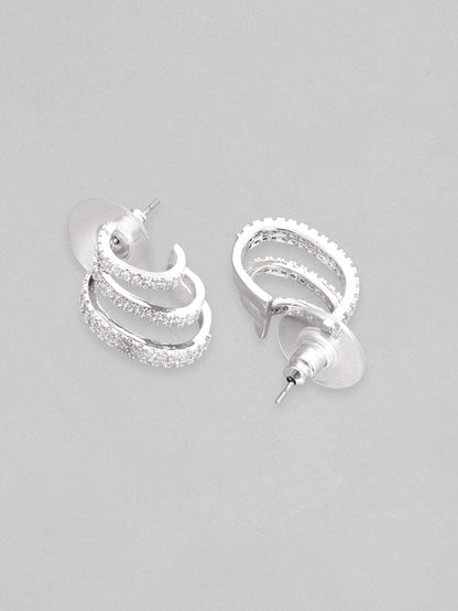 Rubans Rhodium Plated Zirconia Studded Layering Huggie Hoop Earring Earrings