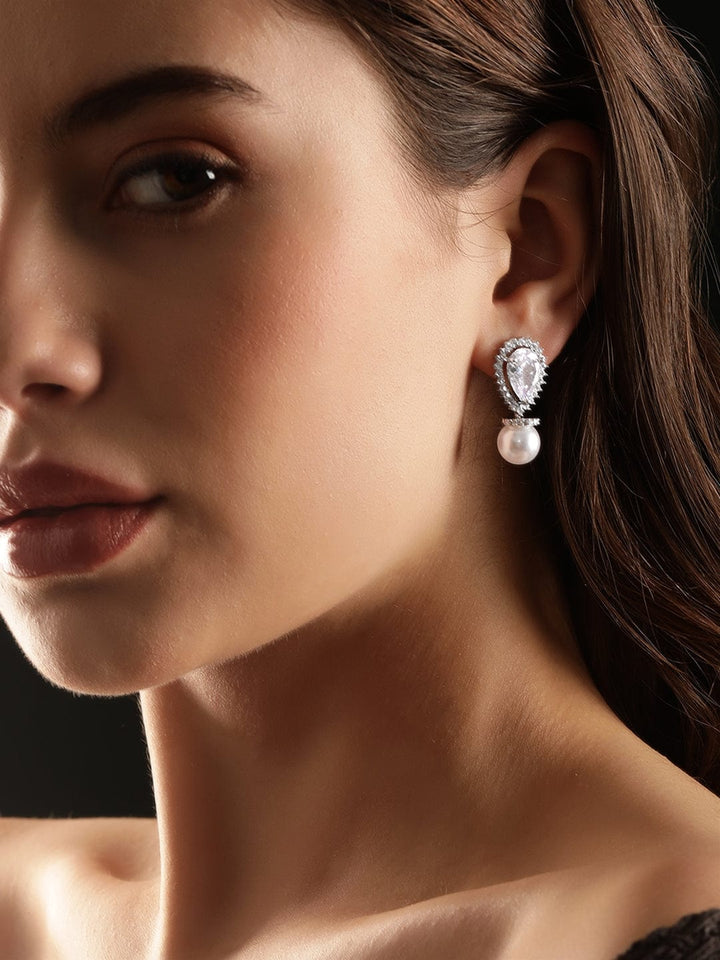 Rubans Rhodium plated zirconia studded pearl drop Chic Earring Earrings
