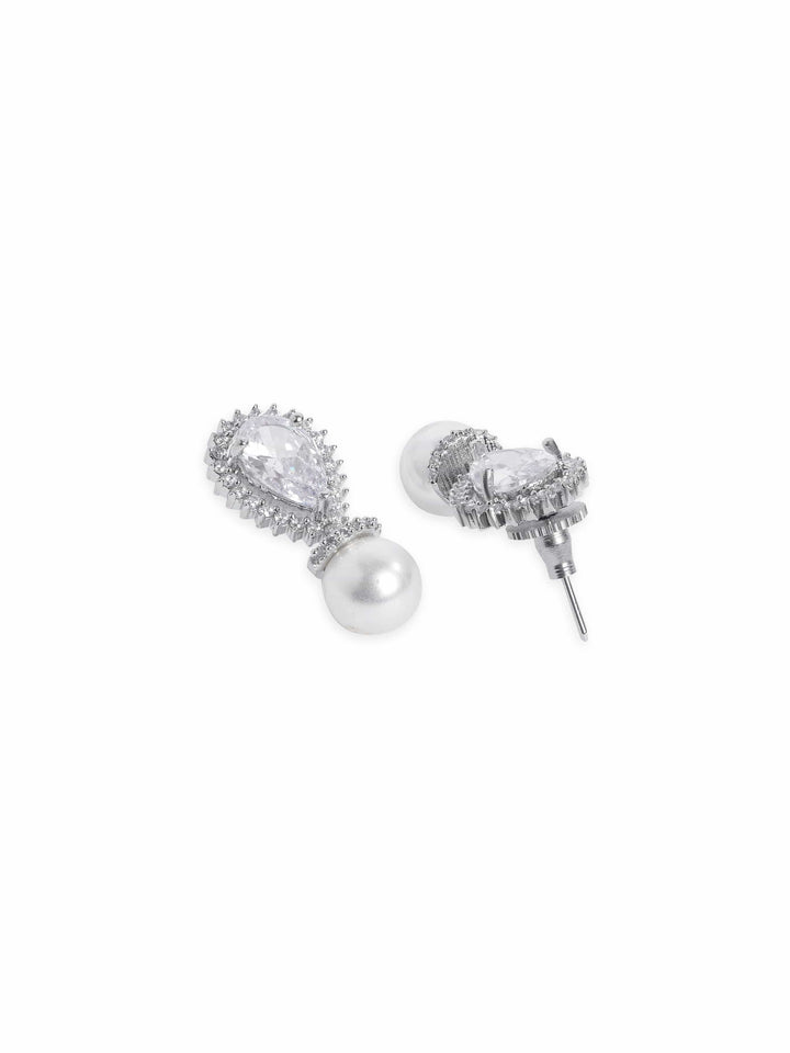 Rubans Rhodium plated zirconia studded pearl drop Chic Earring Earrings