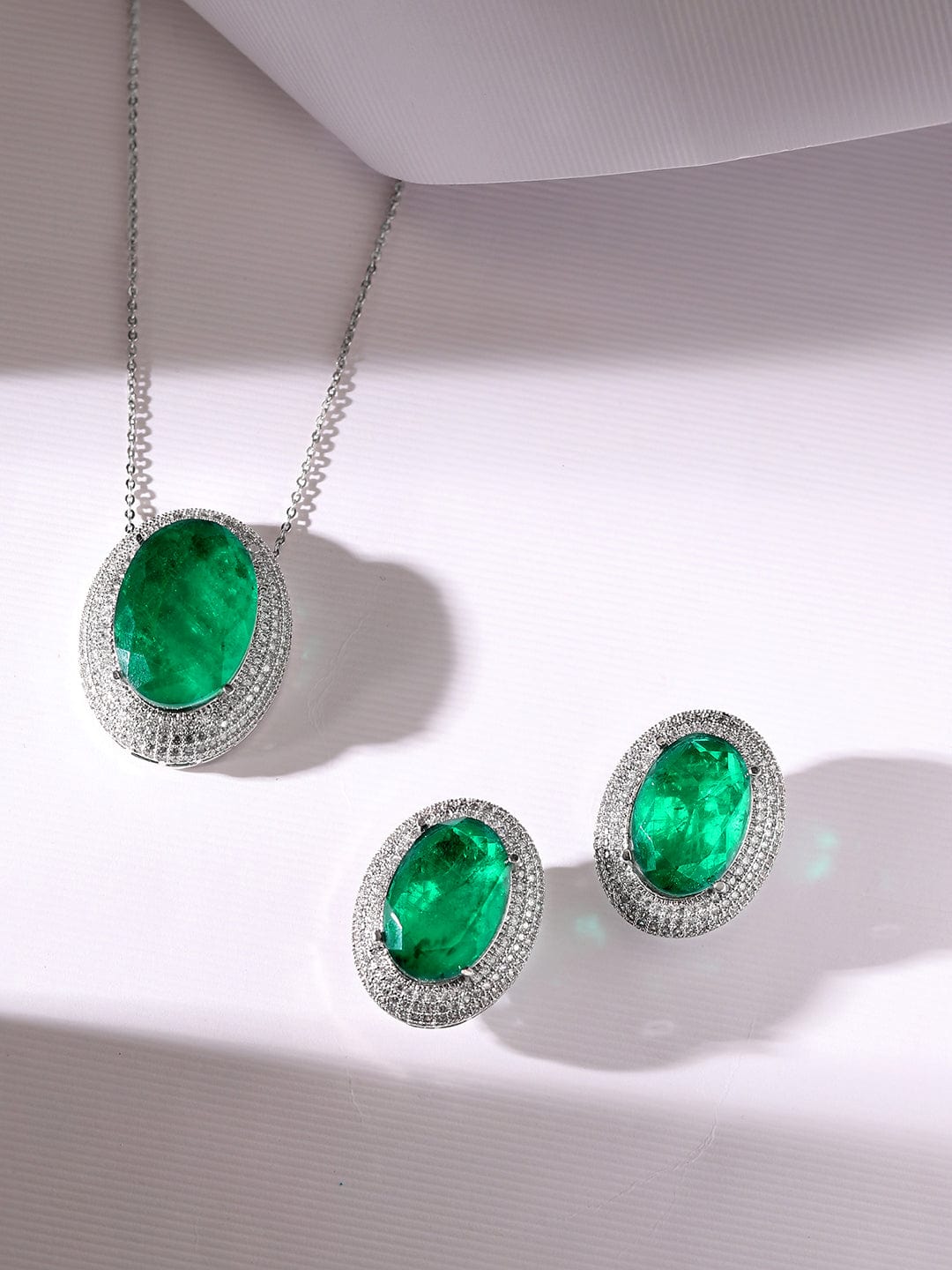 Rubans Rhodium Plated Zircons &amp; Emerald Stone Studded Statement Pendant Set Necklace Set