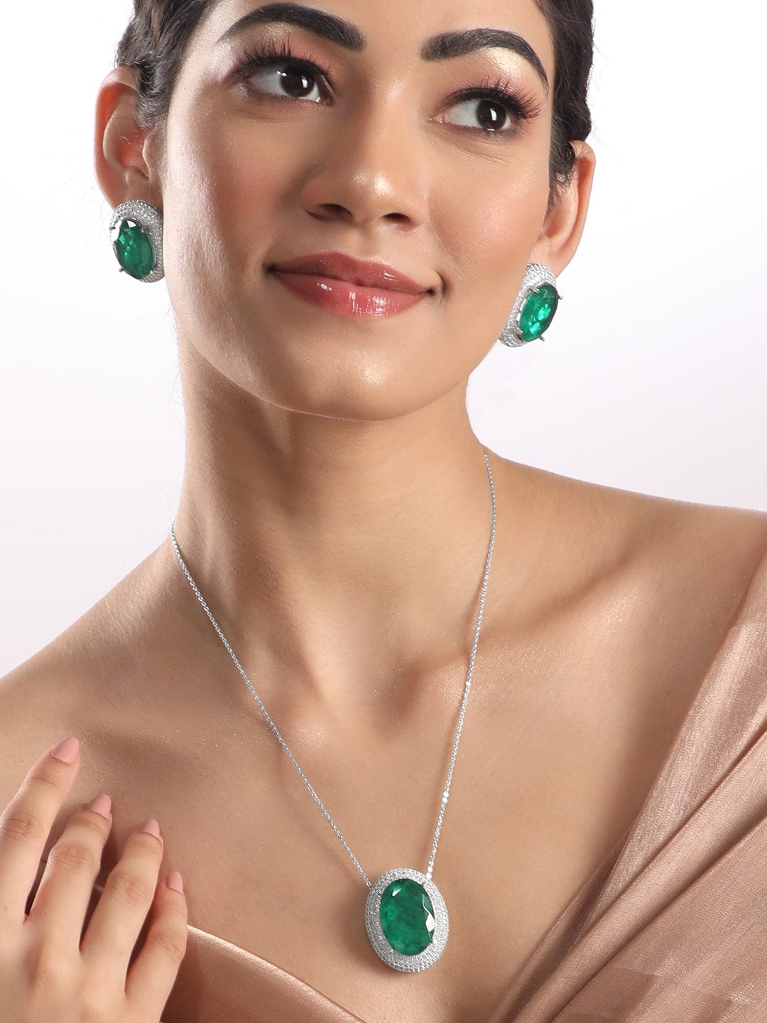 Rubans Rhodium Plated Zircons &amp; Emerald Stone Studded Statement Pendant Set Necklace Set