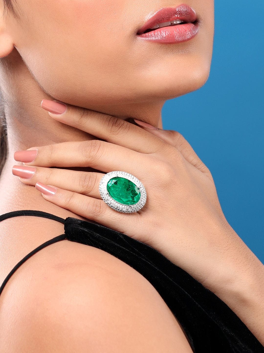 Rubans Rhodium Plated Zircons & Emerald Stone Studded Statement Ring Rings