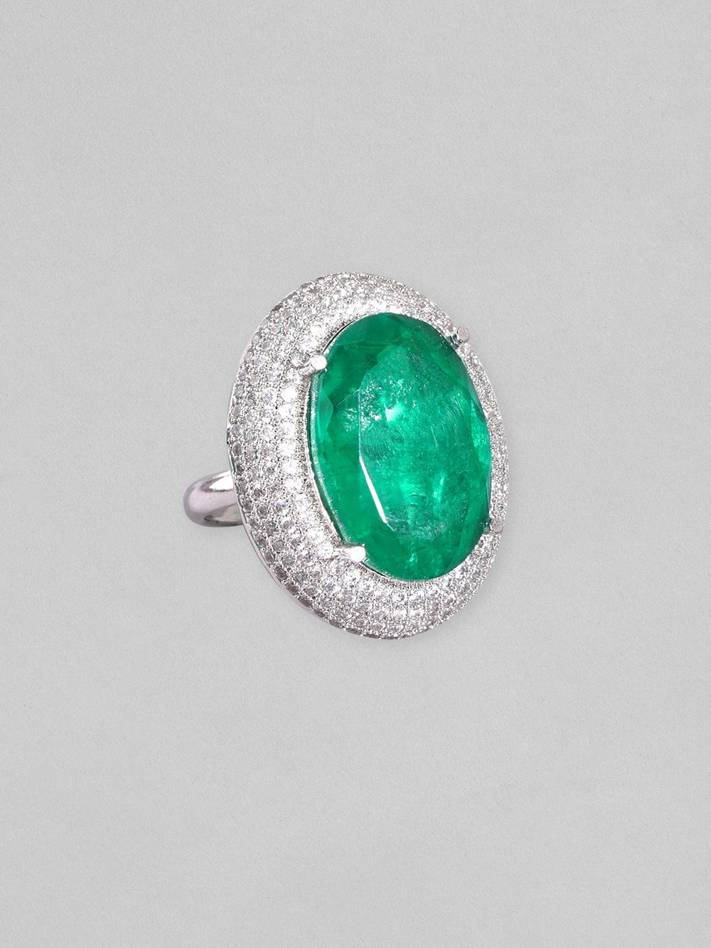 Rubans Rhodium Plated Zircons & Emerald Stone Studded Statement Ring Rings
