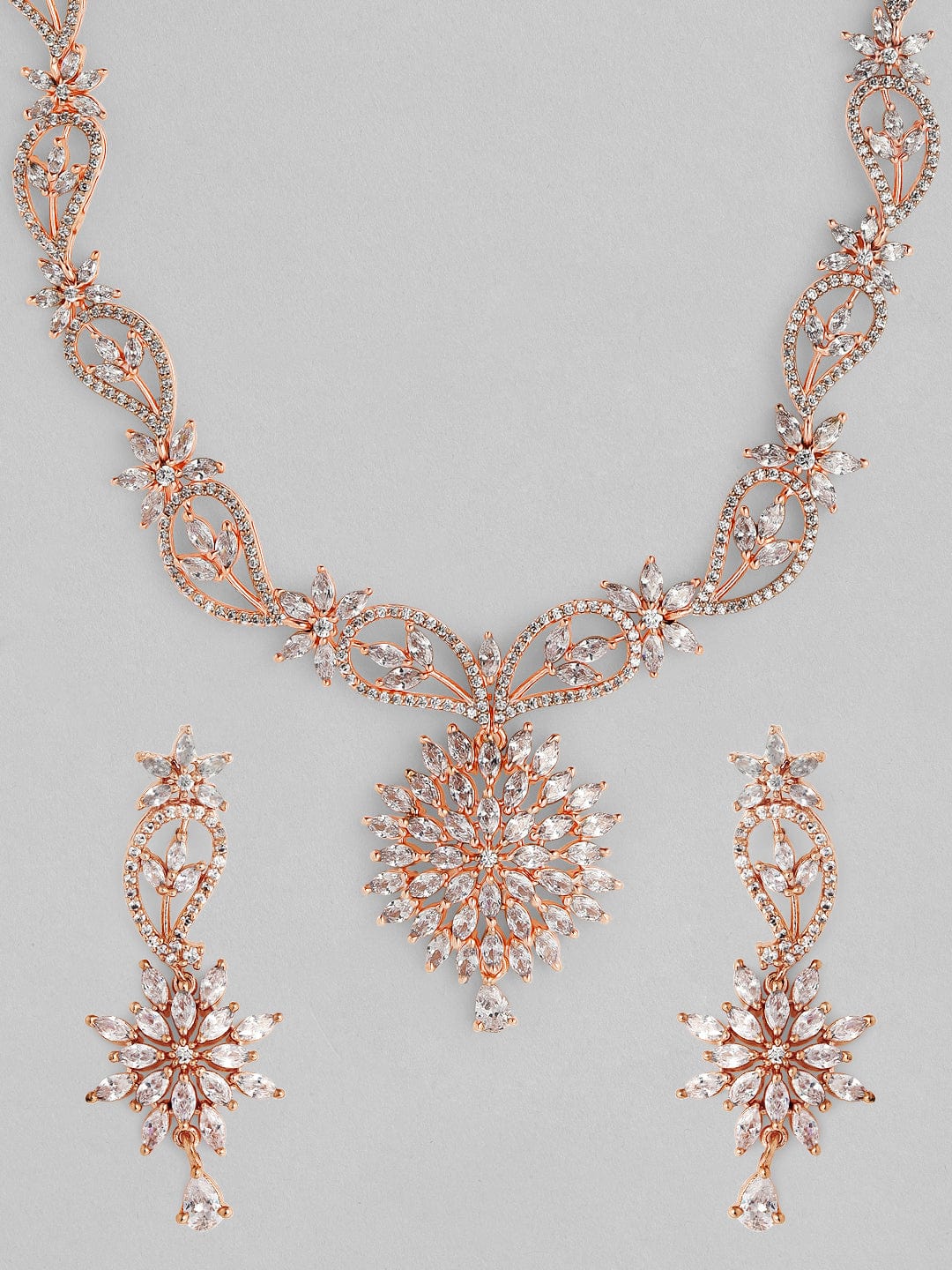 Rubans Rose Gold Plated Handcrafted Zircon Stone Studded Floral Necklace Set Necklace Set