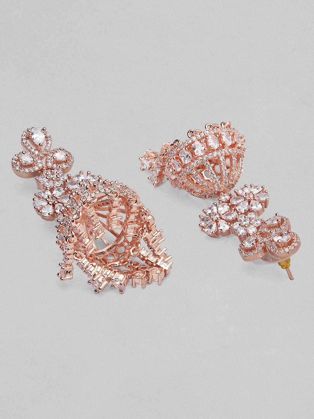 Rubans rose gold plated jhumka earrings with studded american stones. Earrings