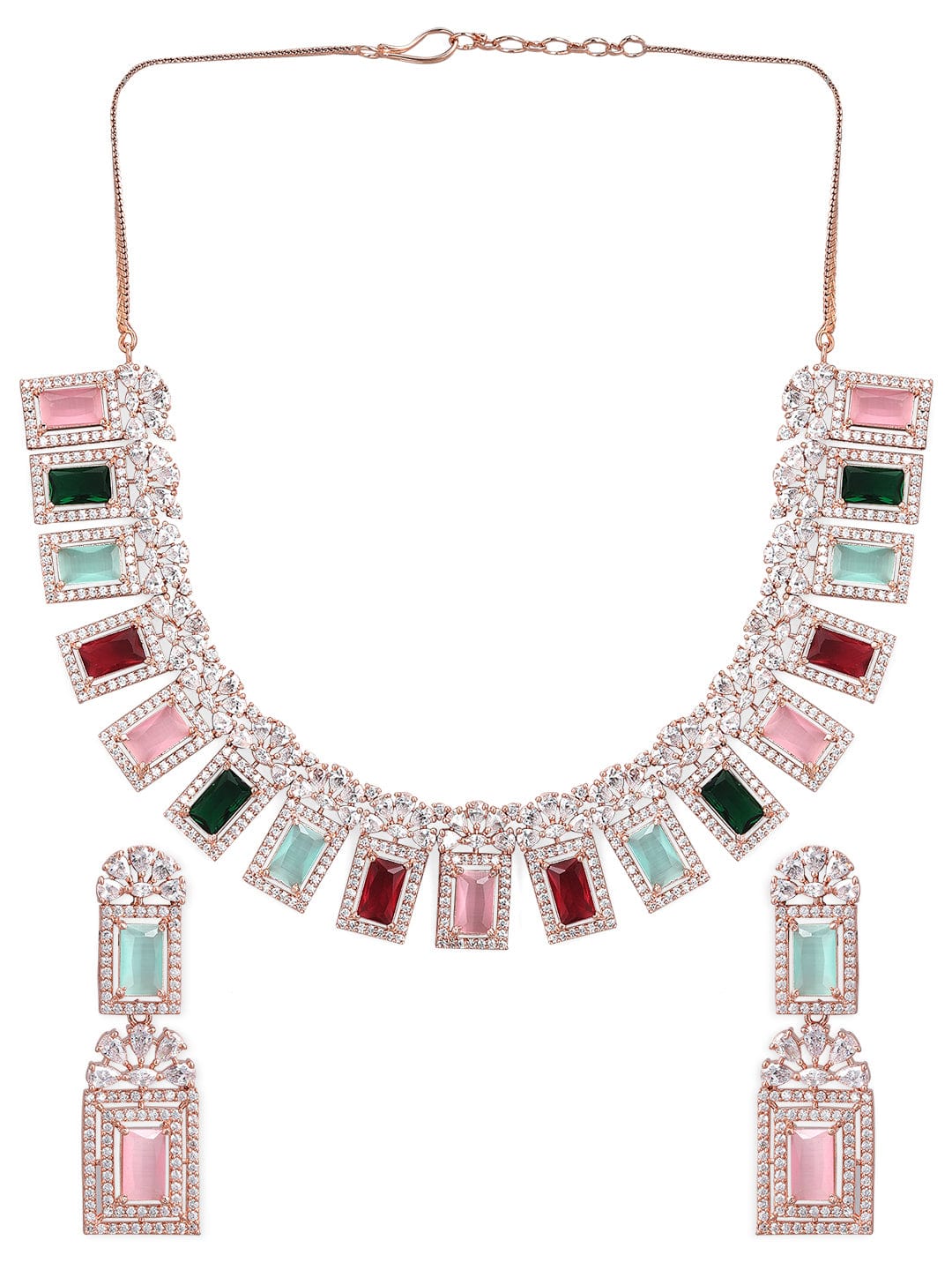 Rubans Rose Gold Plated Multicolour Stone Studded American Diamond Necklace Set. Necklace Set