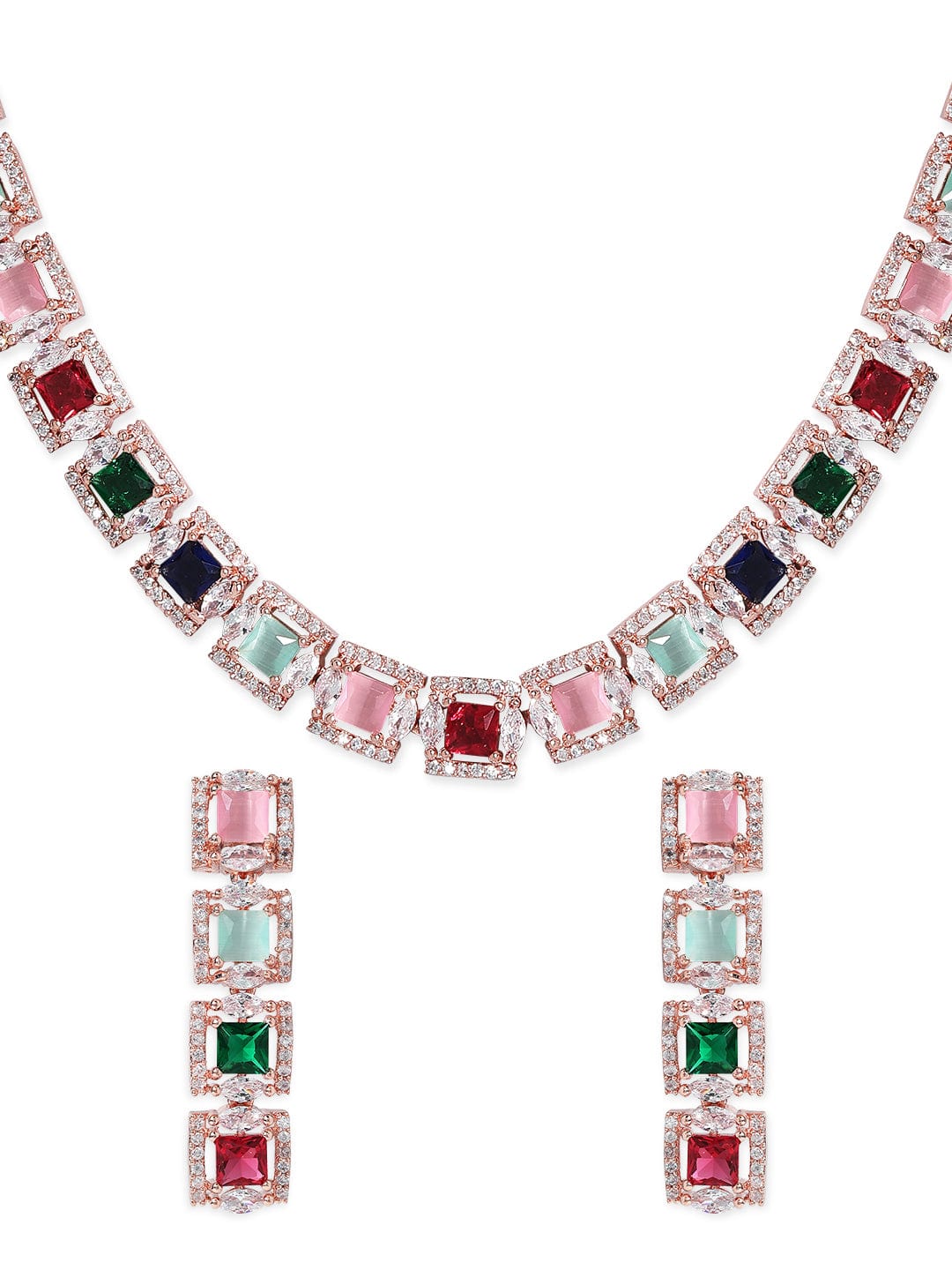 Rubans Rose Gold Plated Multicolour Zirconia Stone Studded Handcrafted Necklace Set. Earrings