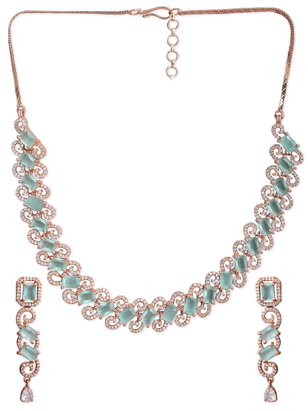 Rubans Rose Gold Plated Pastel Green Studded American Diamond Necklace Set. Necklace Set