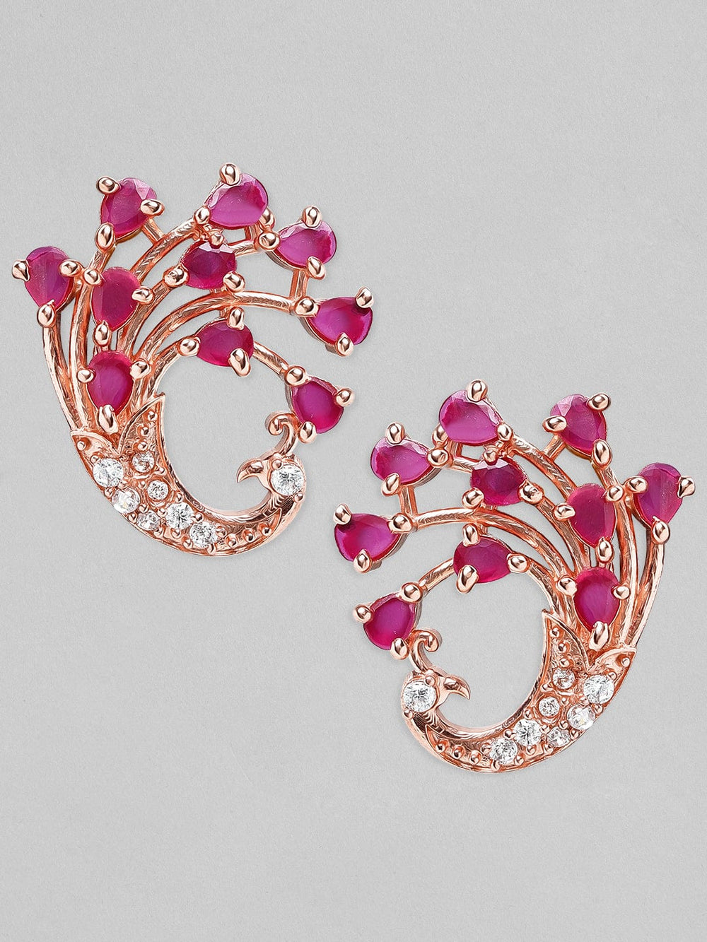 Rubans Rose-Gold Plated Peacock Shaped Ruby Studded Earrings Earrings