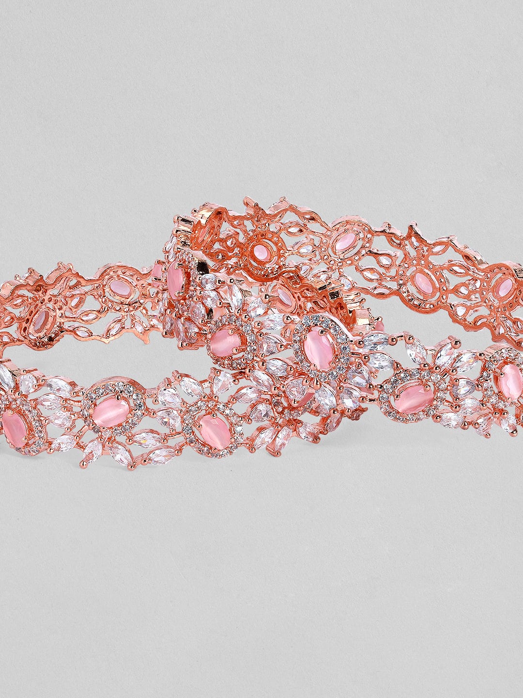 Rubans Rose Gold Plated Pink Stone Studded Zirconia Stones Set of 2 Bangles. Bangles &amp; Bracelets