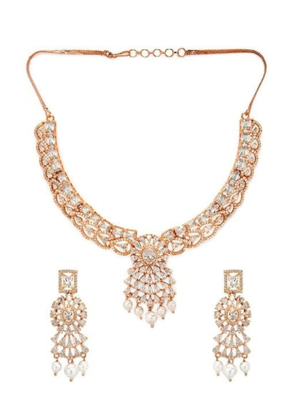 Rubans Rose Gold Plated Pleasing CZ Studded Pearl Embellished Necklace Set Necklace Set