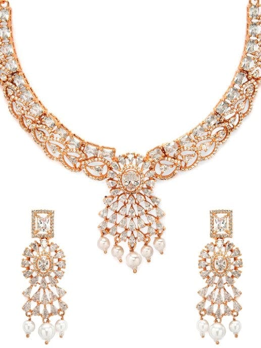 Rubans Rose Gold Plated Pleasing CZ Studded Pearl Embellished Necklace Set Necklace Set