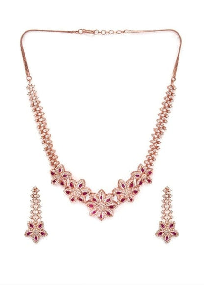 Rubans Rose Gold Plated Pleasing CZ Studded Statement Floral Necklace Set Necklace Set