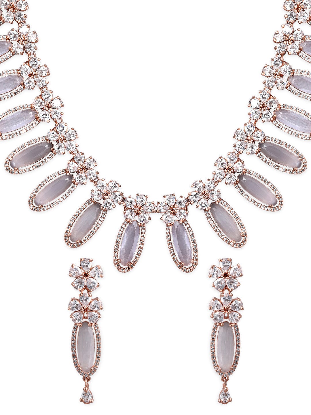 Rubans Rose Gold Plated White Beads American Diamond Necklace Set. Necklace Set