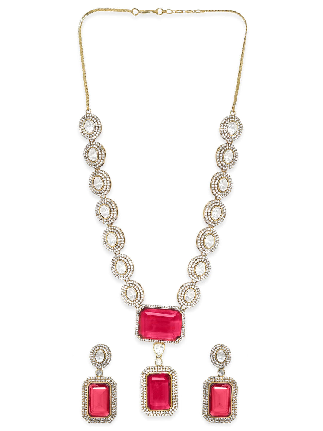 Rubans Royal Crimson Splendor: Gold-Plated Ad, Kundan & Red Stone Necklace Set Jewellery Sets