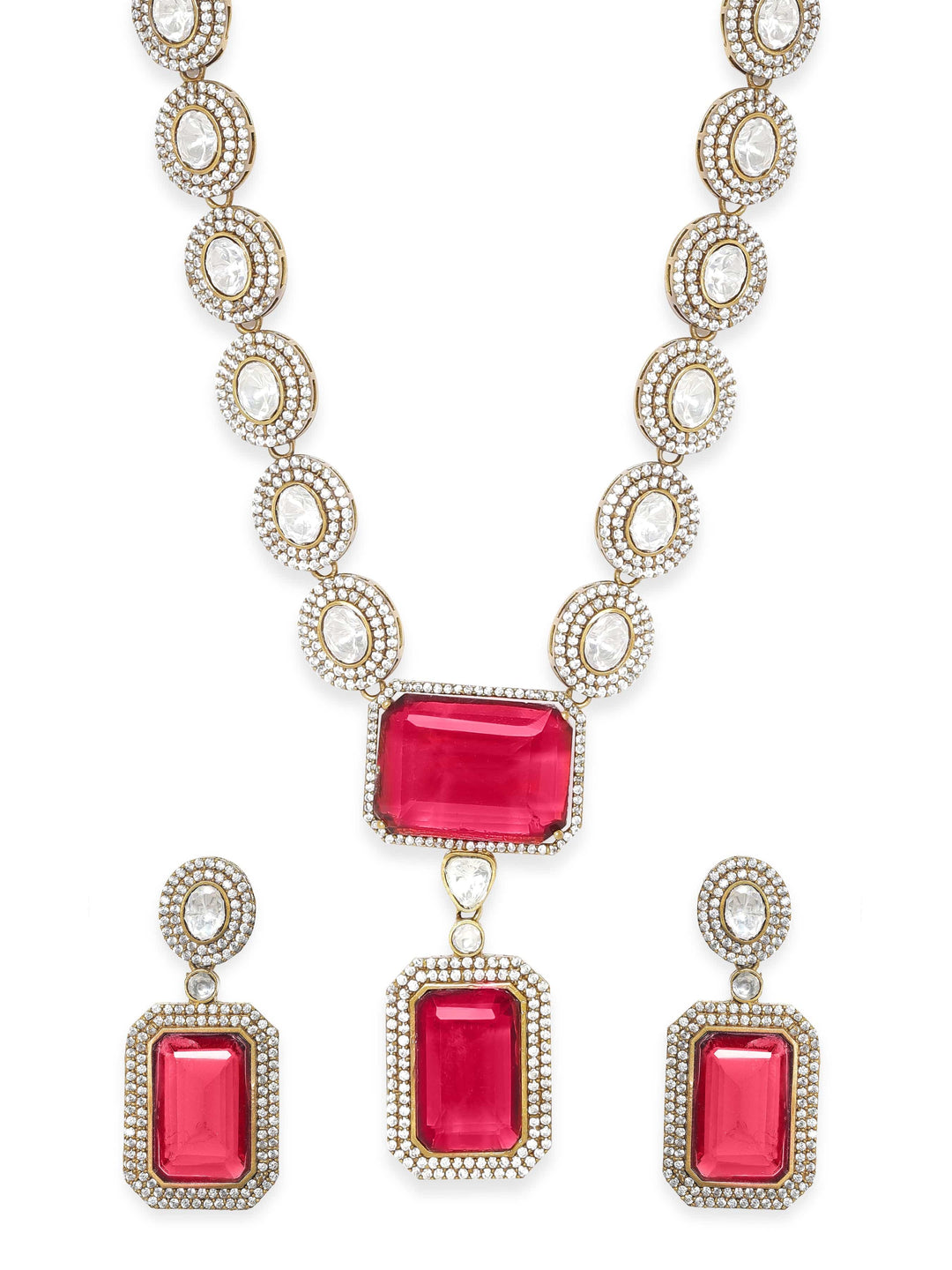 Rubans Royal Crimson Splendor: Gold-Plated Ad, Kundan & Red Stone Necklace Set Jewellery Sets