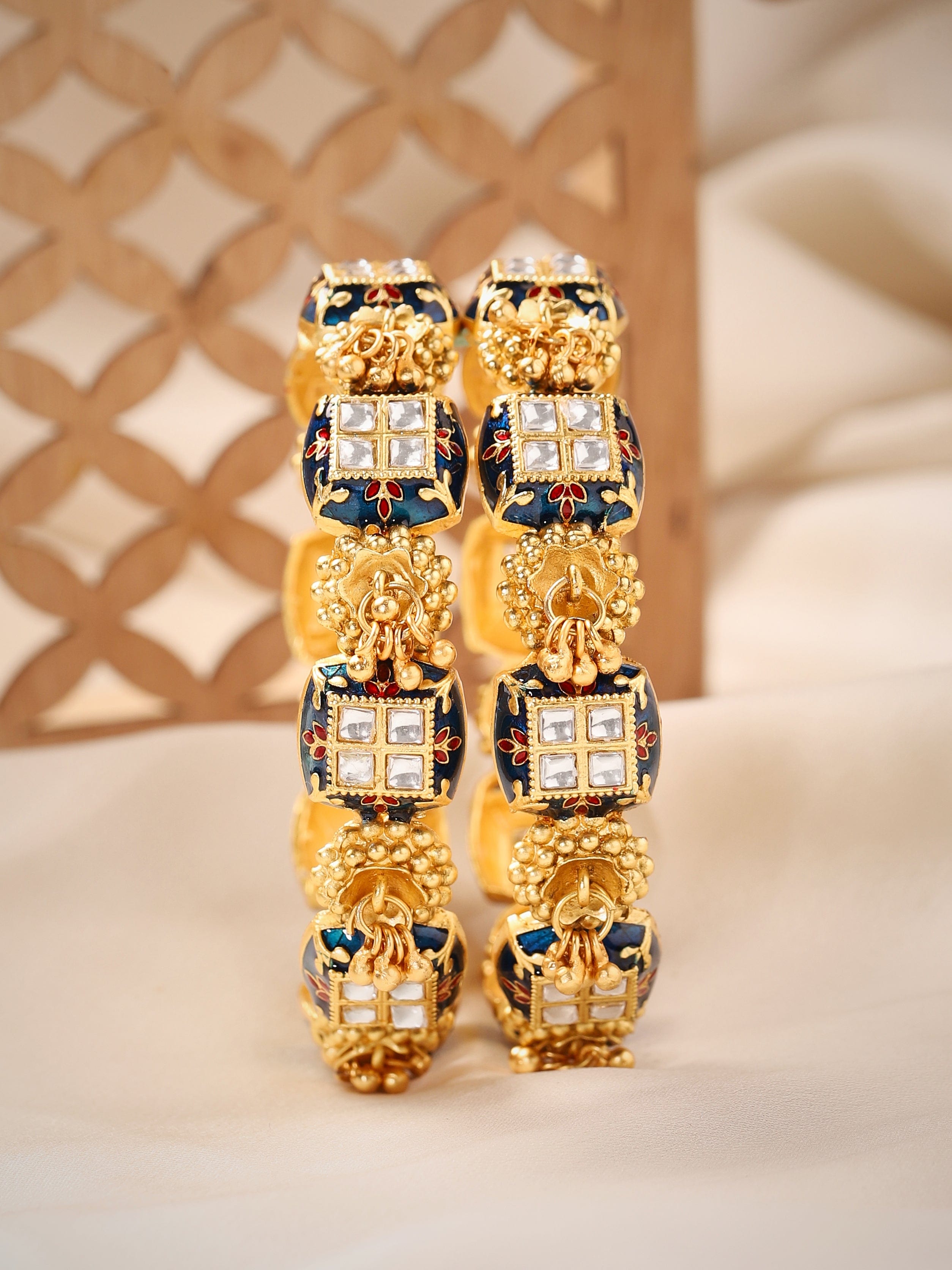 Rubans Set Of 2, 24K Gold Plated Enamel &amp; Kundan Ghungroo Detail Bangles. Bangles &amp; Bracelets