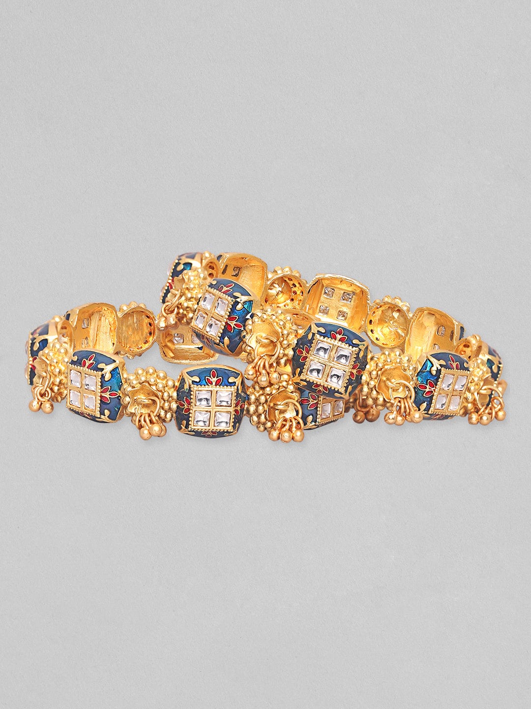 Rubans Set Of 2, 24K Gold Plated Enamel &amp; Kundan Ghungroo Detail Bangles. Bangles &amp; Bracelets