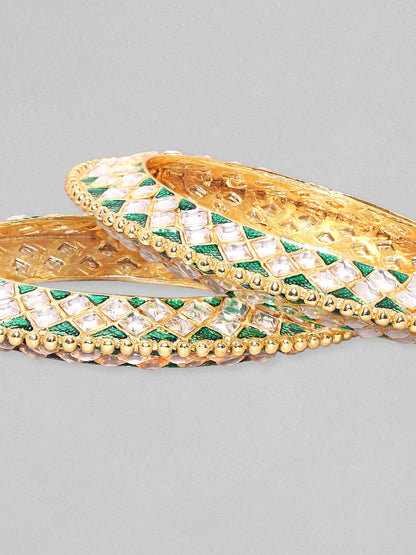 Rubans Set Of 2 24K Gold Plated Green Enemal &amp; Premium Kundan Studded Bangle Bangles &amp; Bracelets