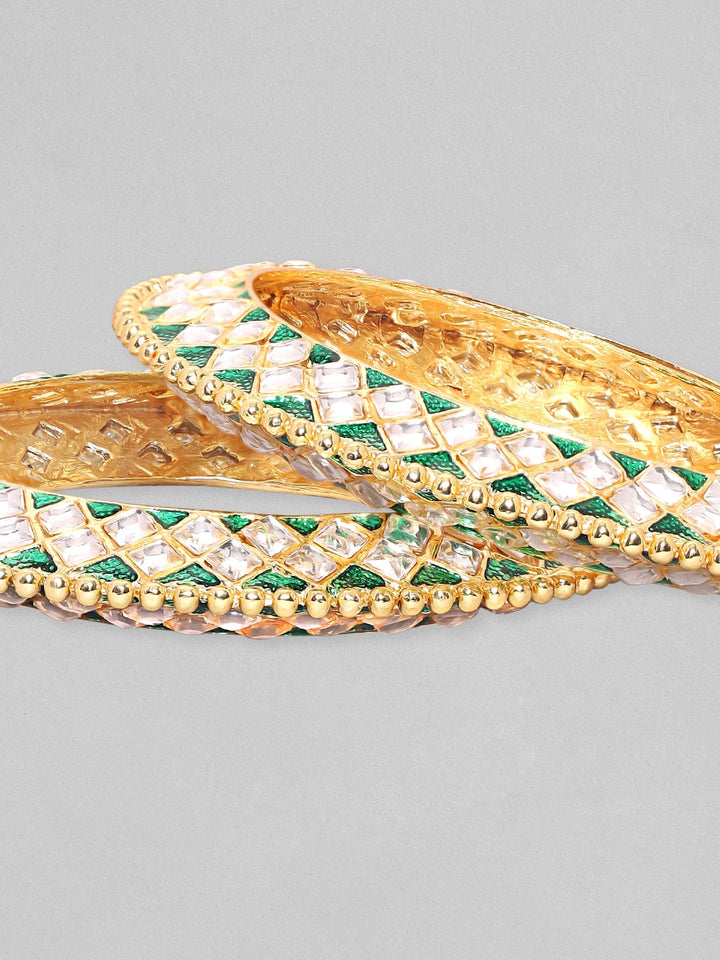 Rubans Set Of 2 24K Gold Plated Green Enemal & Premium Kundan Studded Bangle Bangles & Bracelets