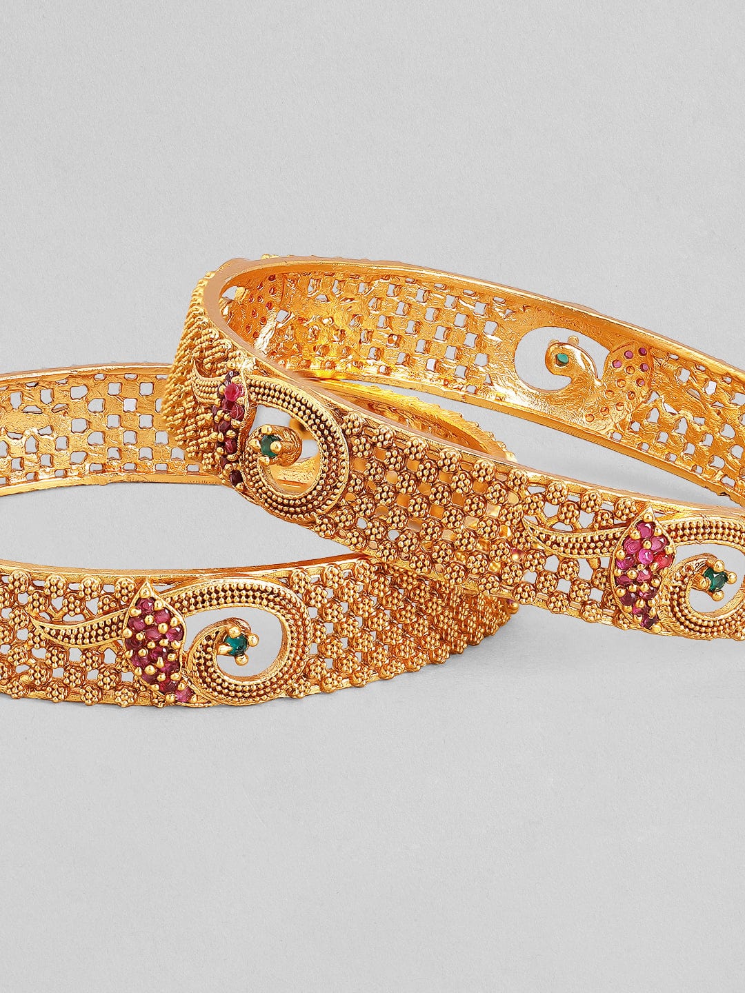 Rubans Set Of 2 Gold-Plated Red  Green Ruby  Stone-Studded Bangles Bangles &amp; Bracelets