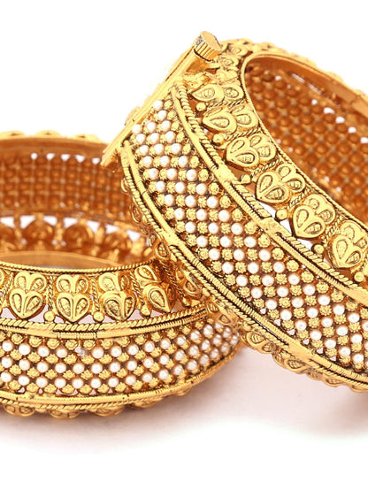 Rubans Set of 2 White &amp; Gold Plated Handcrafted Pearl Studded Bangles Bangles &amp; Bracelets