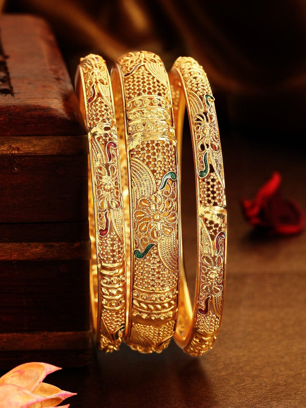 Rubans Set of 3 22K Gold-Plated Red & Green Enamelled Handcrafted Bangles Bangles & Bracelets