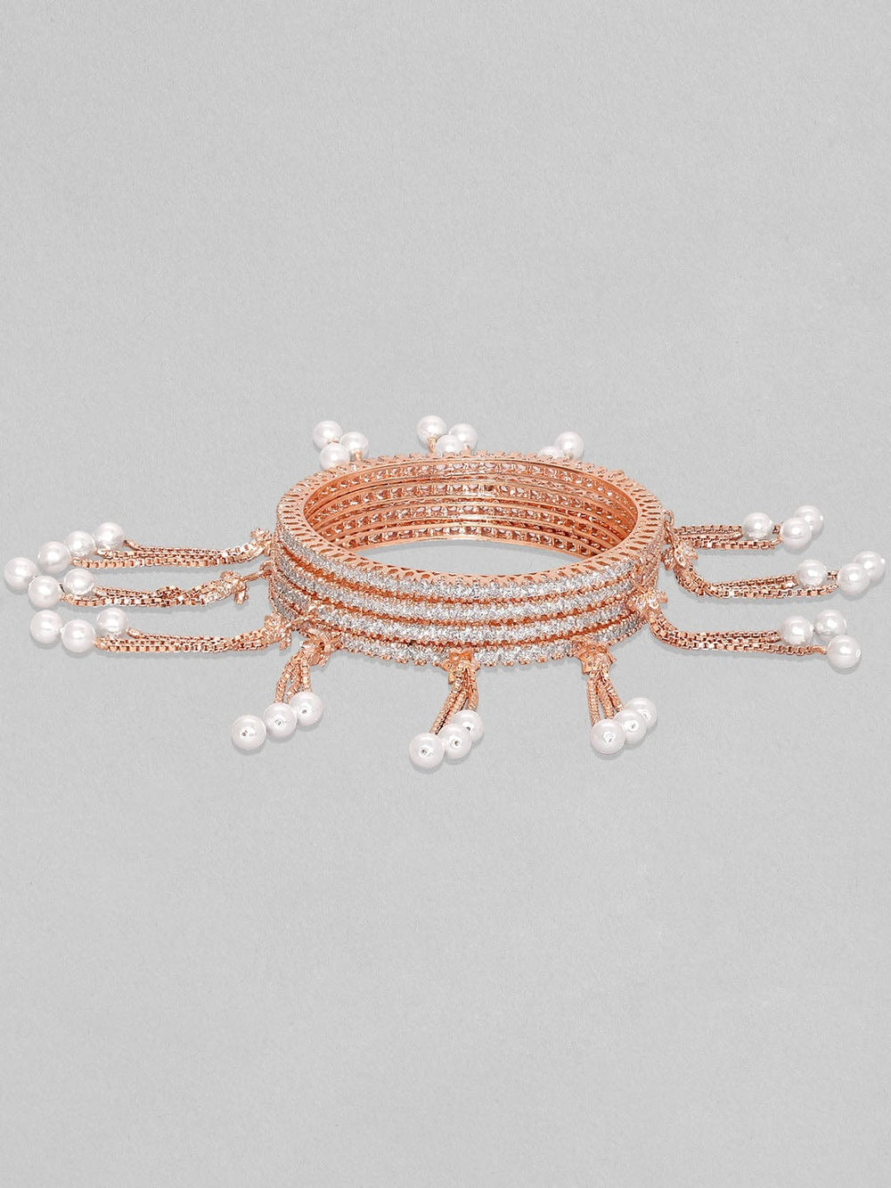 Rubans Set Of 4, 18K Rose Gold Plated White Zircons Pearl Tassels Bangles Bangles & Bracelets
