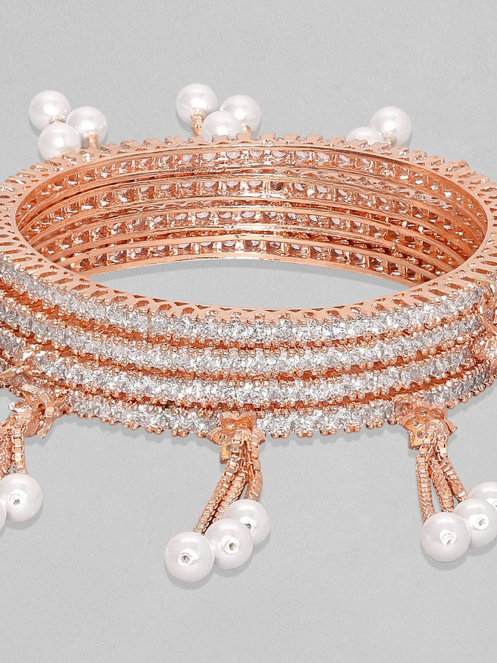 Rubans Set Of 4, 18K Rose Gold Plated White Zircons Pearl Tassels Bangles Bangles & Bracelets