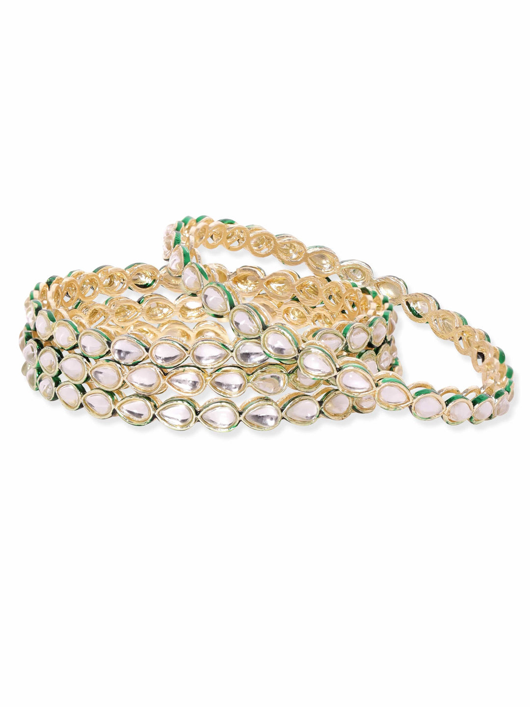 Rubans Set of 4, Kundan studded Green enamel classic bangles Bangles & Bracelets