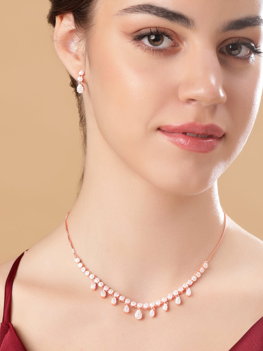 Rubans Silver 18K Rose Gold Pave Zirconia Danglers Stunning Necklace Set Jewellery Sets