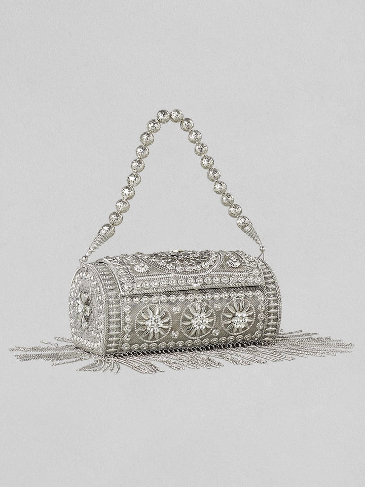 Rubans Silver Colour Bag With Embroided Silver Design. Handbag & Wallet Accessories